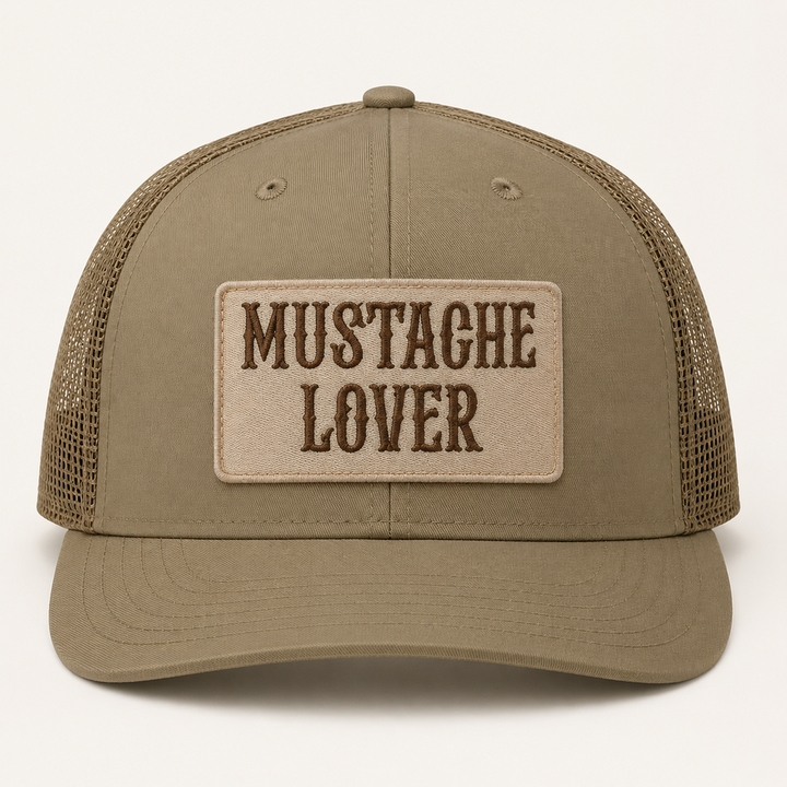 Khaki MUSTACHE LOVER trucker hat front view