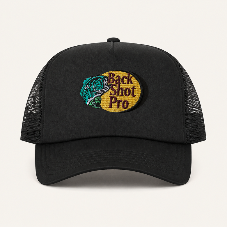 Black BACK SHOT PRO trucker hat front view