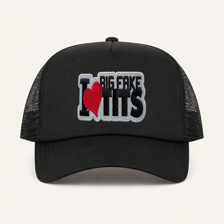 Black I LOVE BIG FAKE TITS trucker hat front view