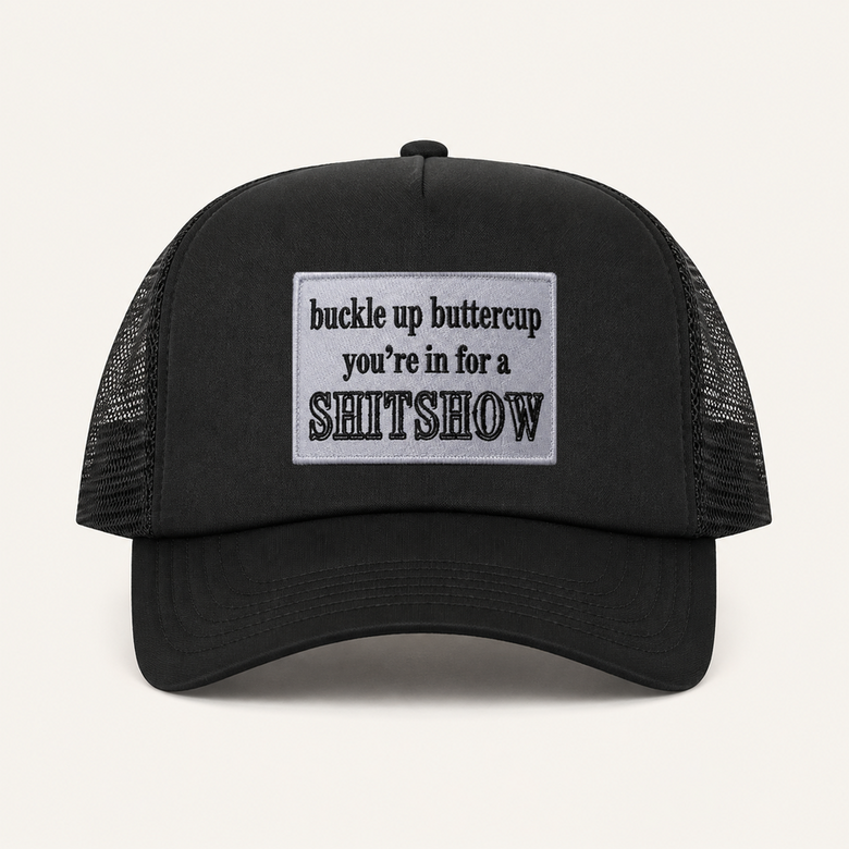 Black BUCKLE UP BUTTERCUP trucker hat front view