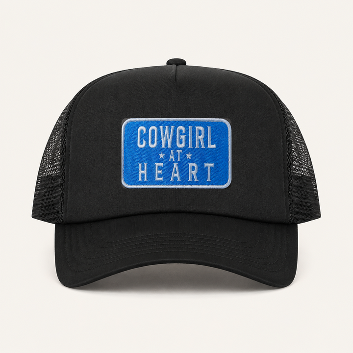 Black COWGIRL AT HEART trucker hat front view