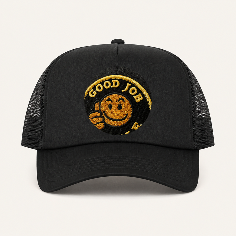 Black GOOD JOB ASSHOLE trucker hat front view