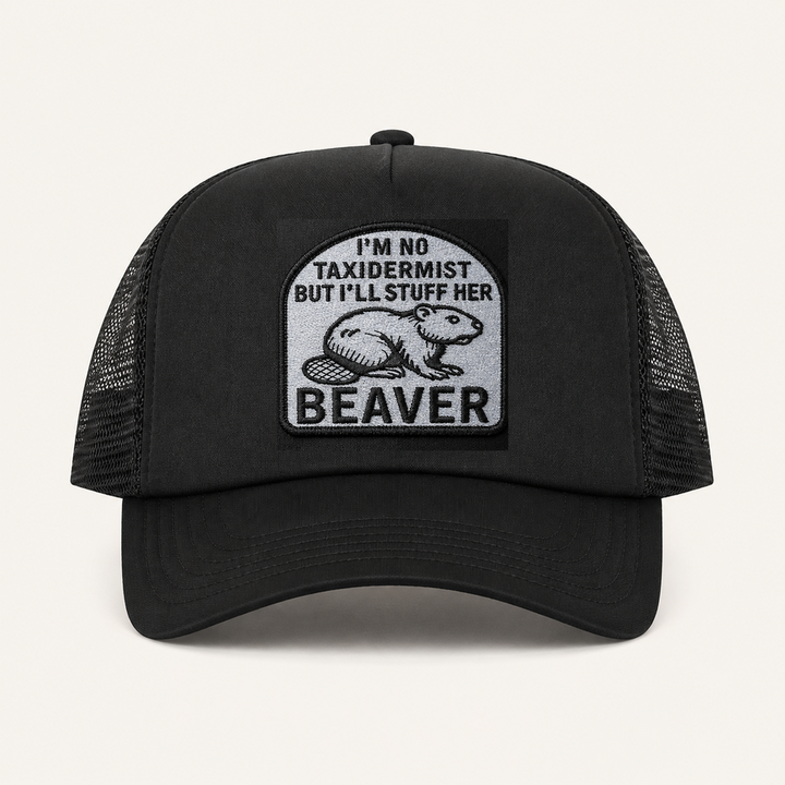 Black I'M NO TAXIDERMIST trucker hat front view