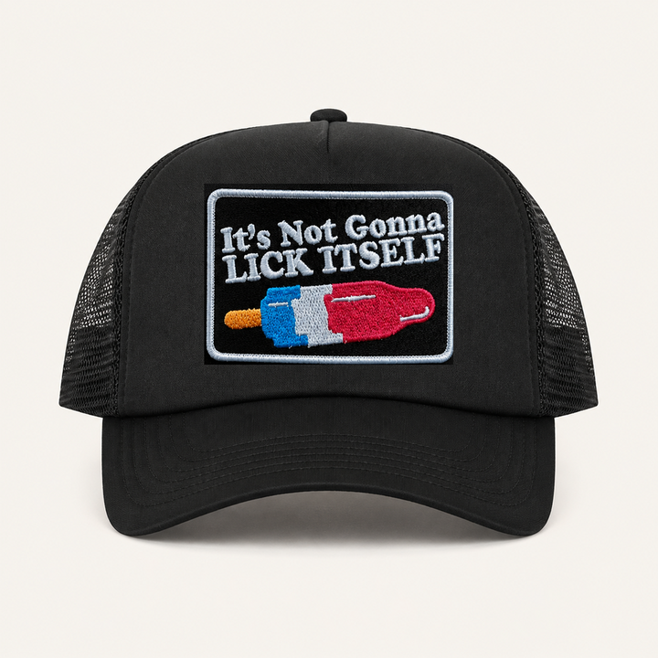 Black IT'S NOT GONNA LICK ITSELF trucker hat front view