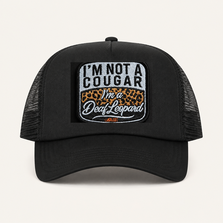 Black I'M NOT A COUGAR, I'M A DEAF LEOPARD trucker hat front view