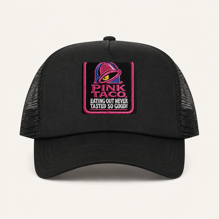 Black PINK TACO trucker hat front view