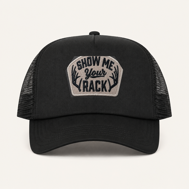 Black SHOW ME YOUR RACK trucker hat front view