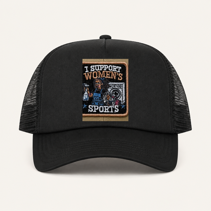 Black I SUPPORT WOMEN’S SPORTS trucker hat front view