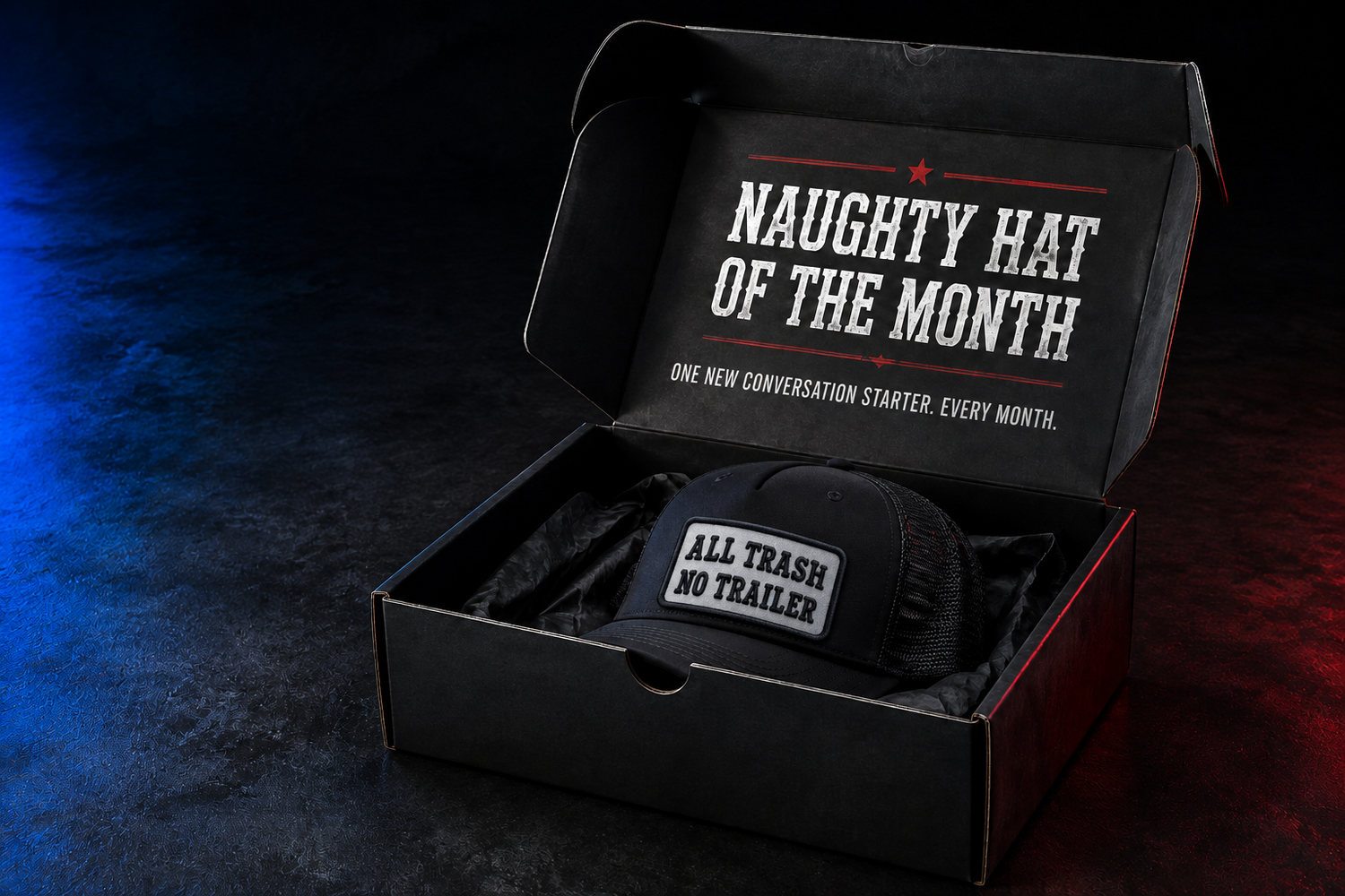Naughty Hat of the Month black subscription box with a black trucker hat